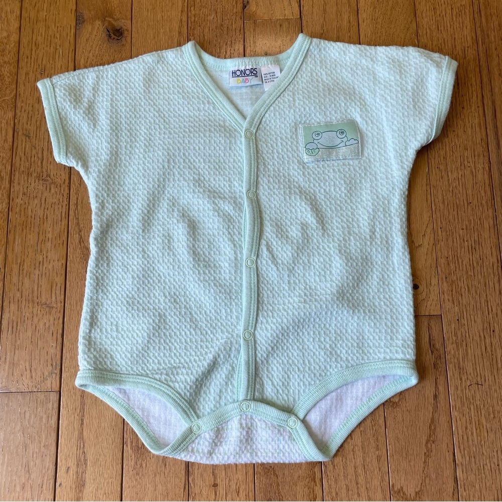 VINTAGE GREEN WAFFLE KNIT EMBROIDERED FROG ONE PIECE OUTFIT SIZE 18M 100% COTTON